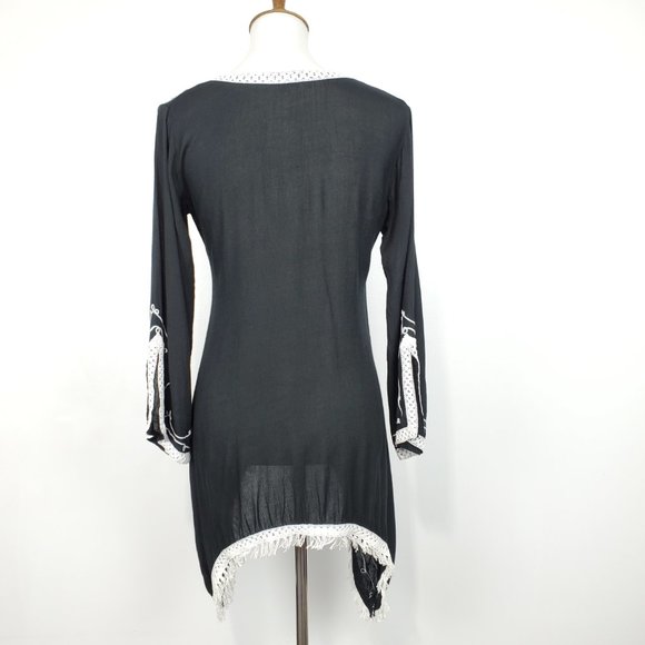 Scully Black White Boho Festival Western Rodeo Embroidered Fringe Tunic Size S - Picture 10 of 16